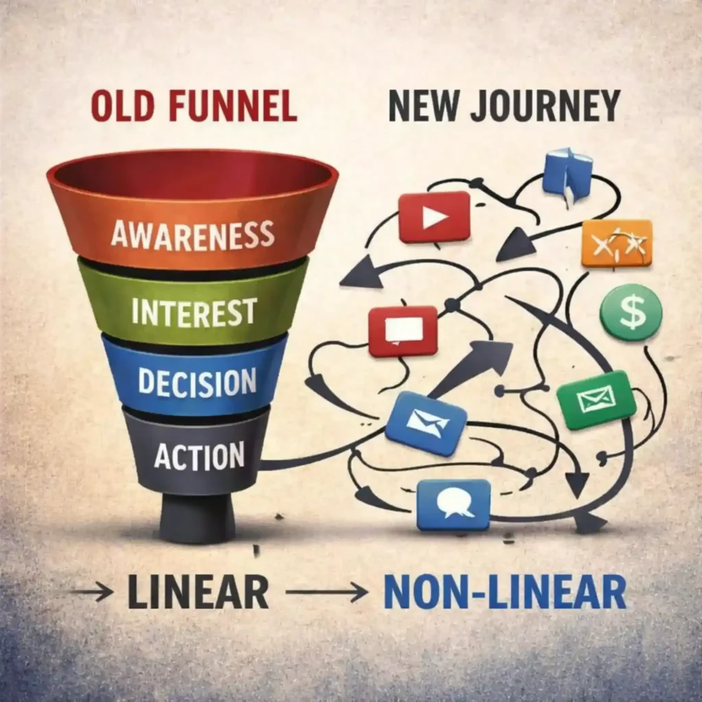 Digital marketing diagram comparing a linear old funnel (awareness, interest, decision, action) with a non-linear customer journey.